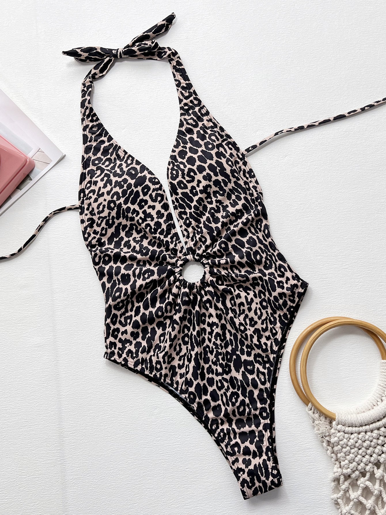 Leopard Halter Neck Ring Detail One-Piece Swimsuit - Lecatta