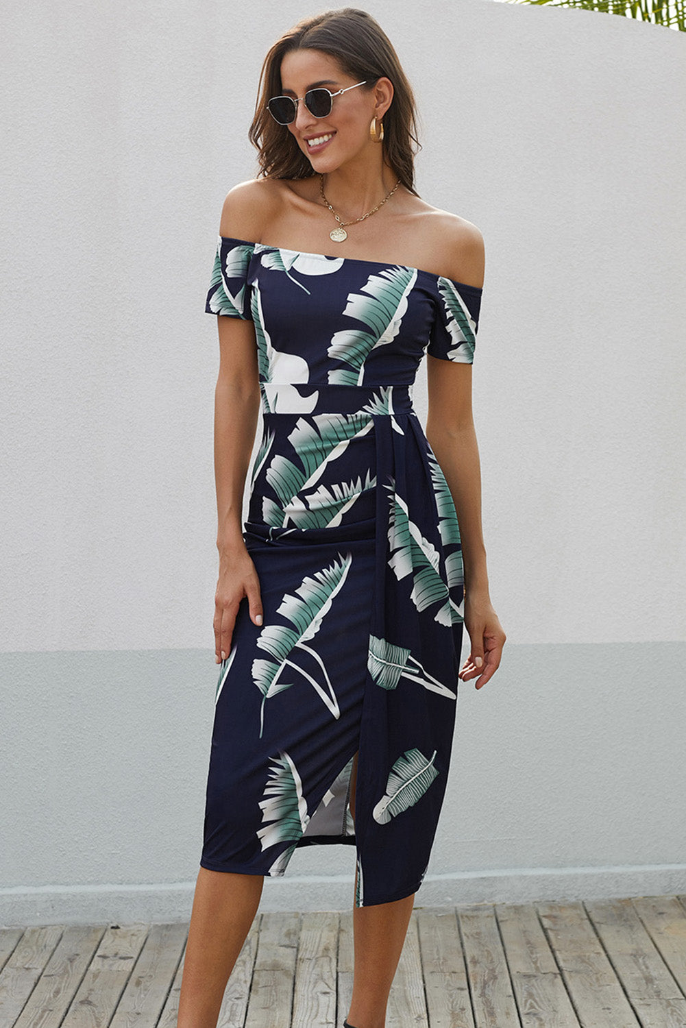 Printed Off-Shoulder Split Dress - Lecatta