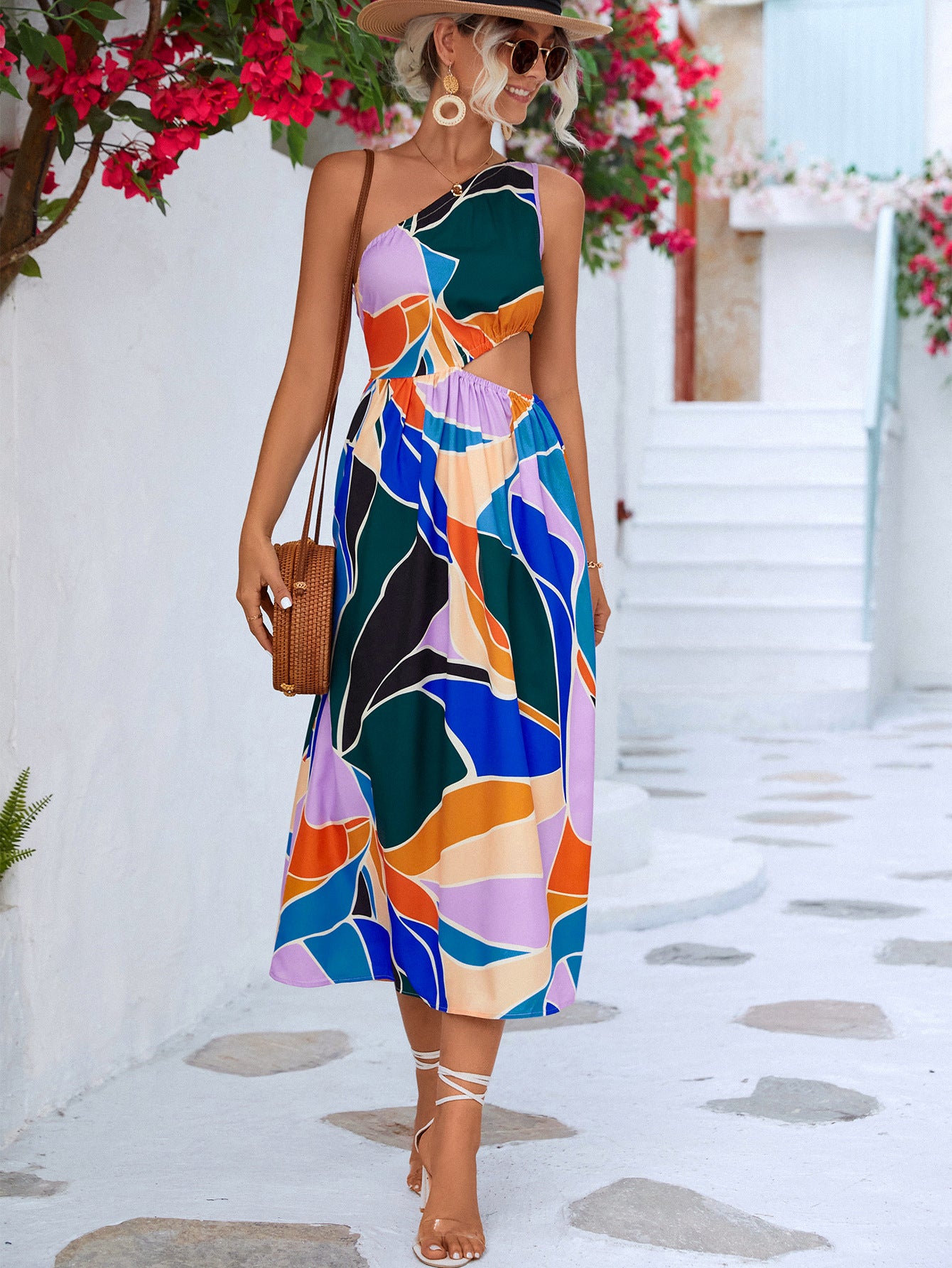 Printed Cutout One-Shoulder Sleeveless Dress - Lecatta