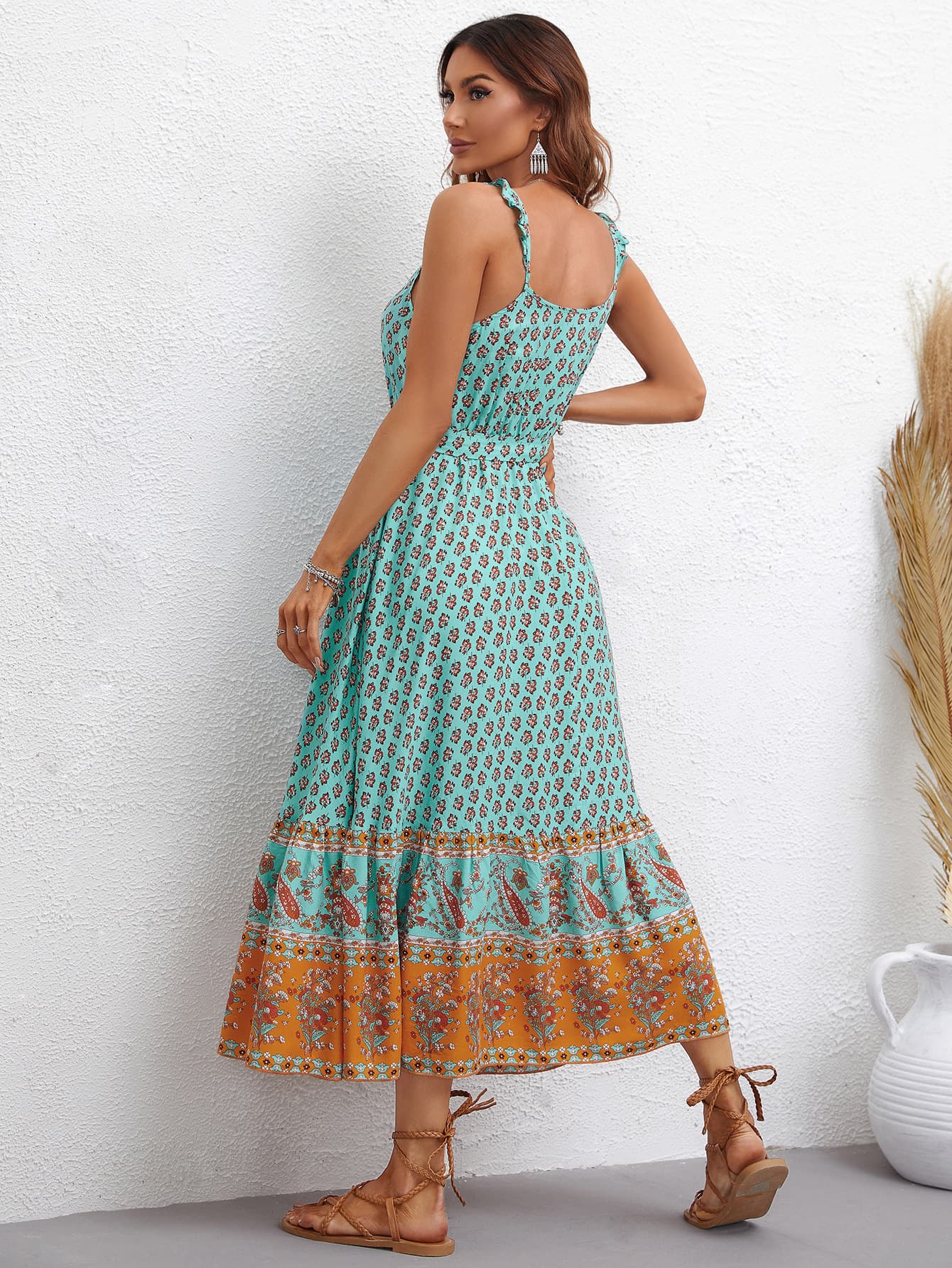 Bohemian Tie Waist Scoop Neck Dress - Lecatta