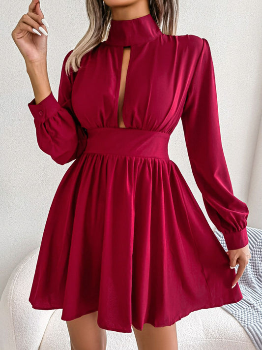 Cutout Turtleneck A-Line Mini Dress - Lecatta