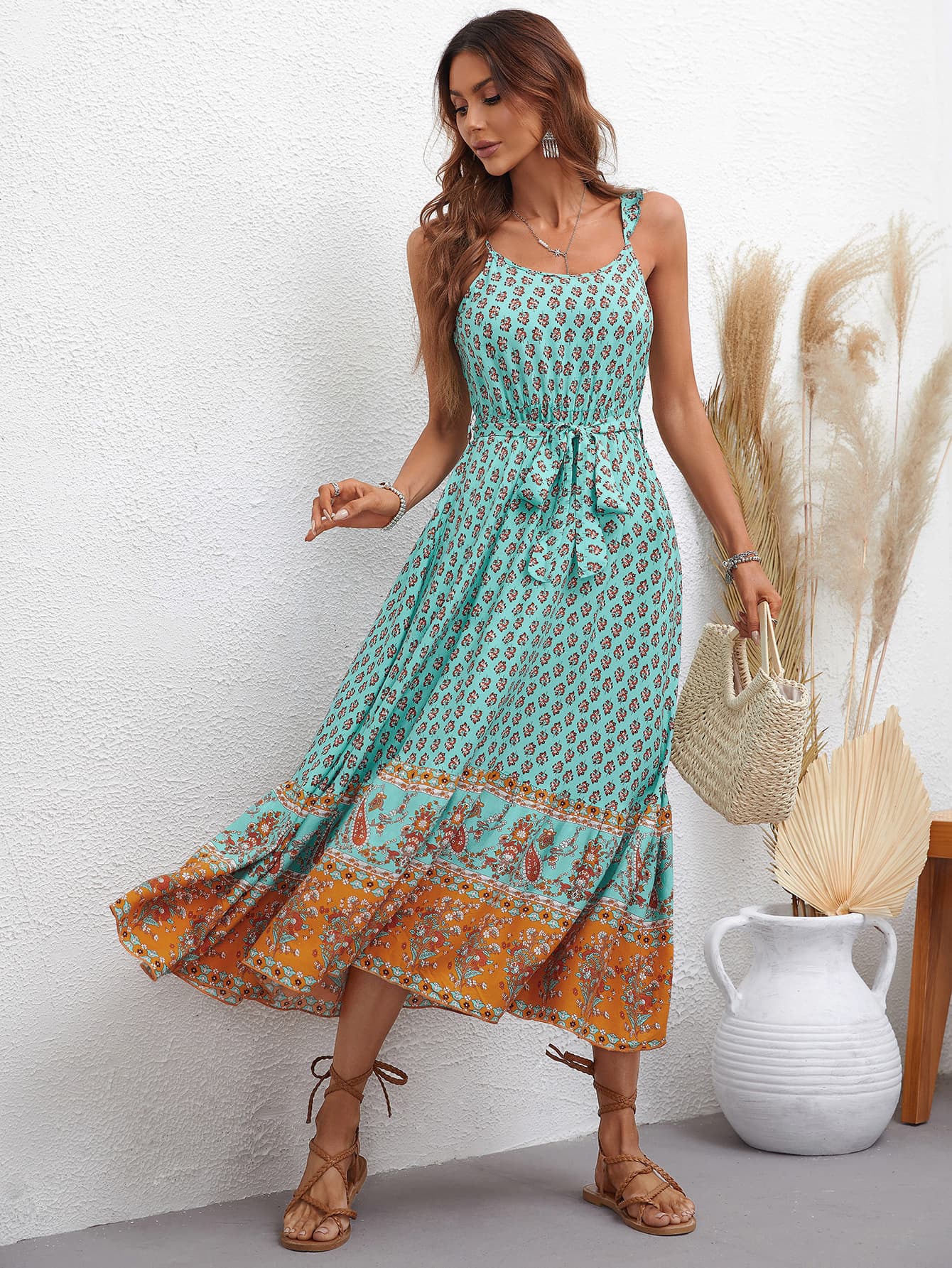 Bohemian Tie Waist Scoop Neck Dress - Lecatta