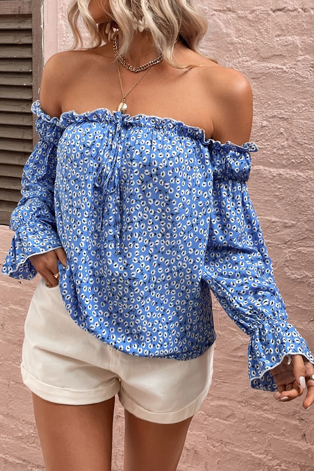 Off Shoulder Printed Frill Trim Blouse - Lecatta