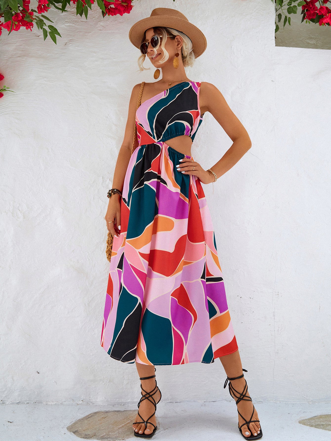 Printed Cutout One-Shoulder Sleeveless Dress - Lecatta