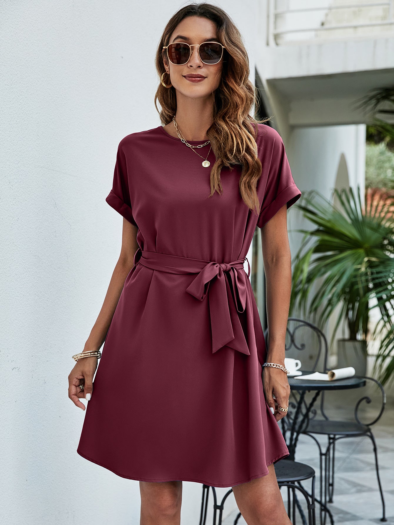 Belted Round Neck Curved Hem Dress - Lecatta