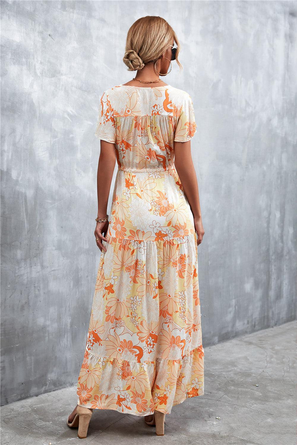 Floral Buttoned Drawstring Waist Tiered Dress - Lecatta