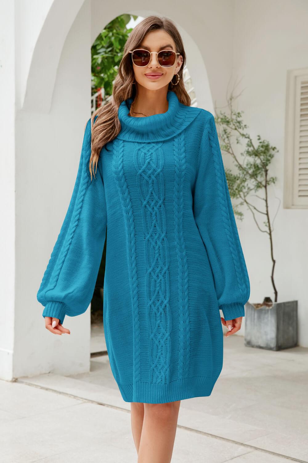 Mixed Knit Turtleneck Lantern Sleeve Sweater Dress - Lecatta