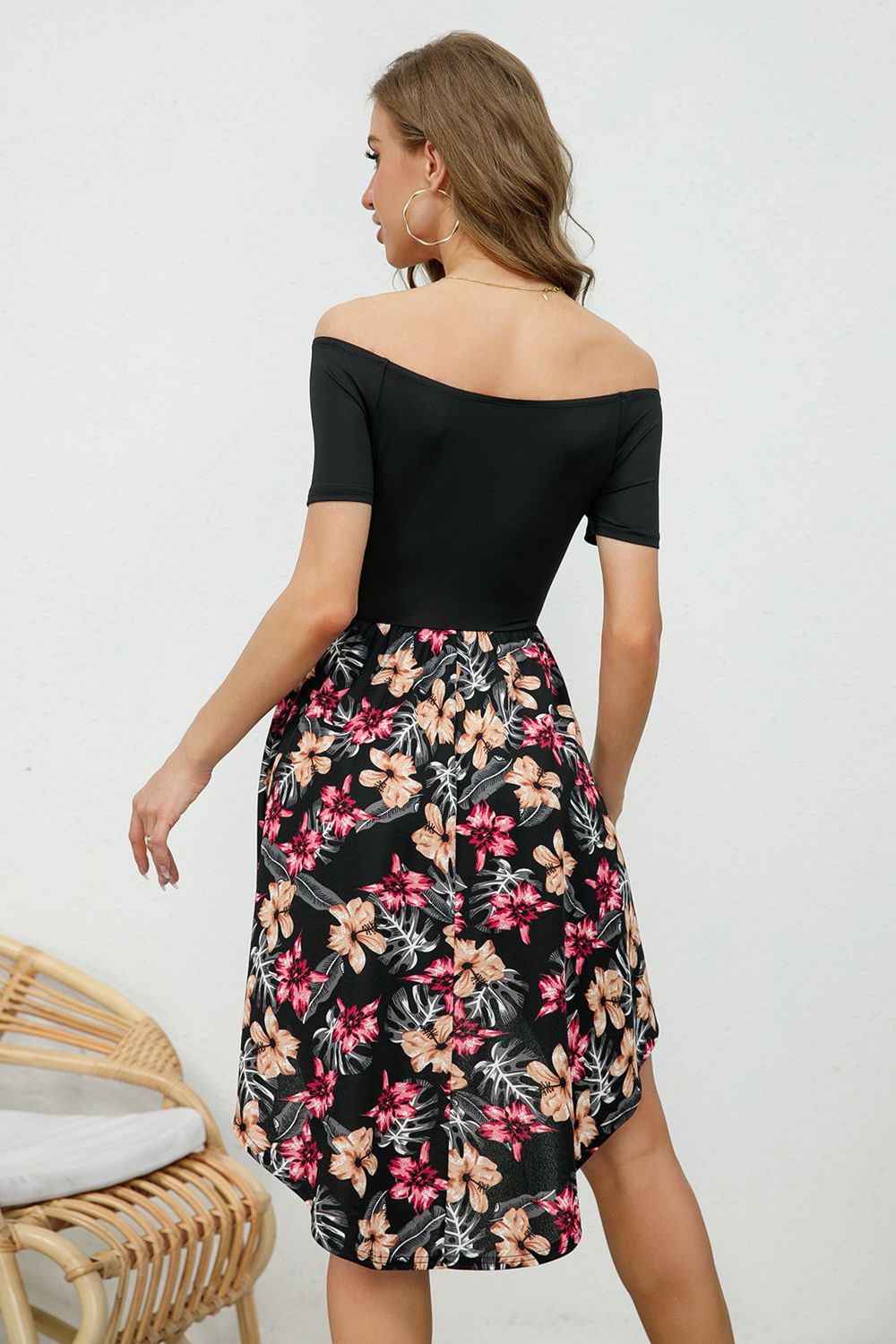 Off Shoulder Floral Print Short Sleeve Dress - Lecatta