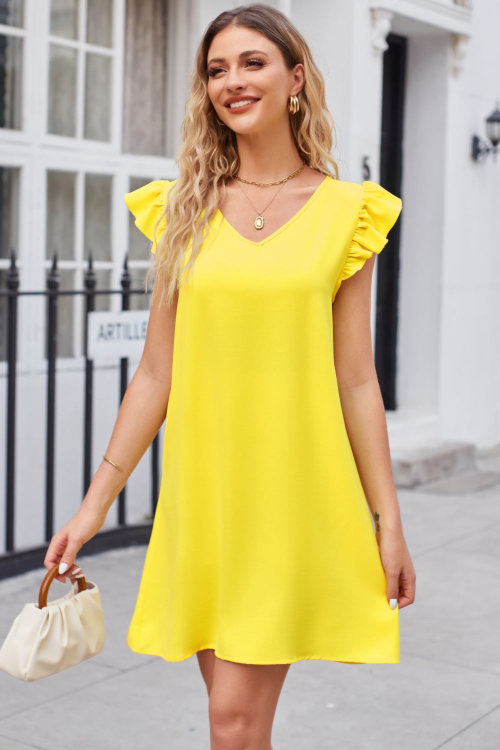 Ruffled V-Neck Flutter Sleeve Dress - Lecatta