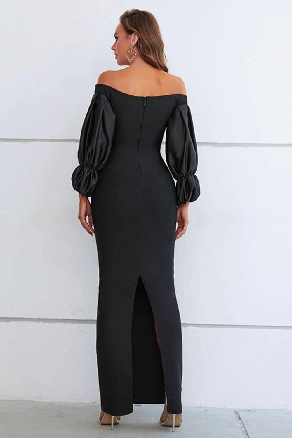 Off-Shoulder Bubble Sleeve Slit Dress - Lecatta