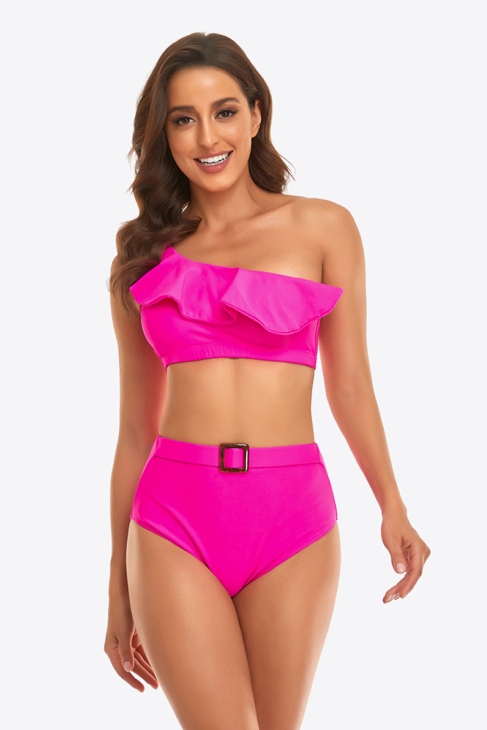 Ruffled One-Shoulder Buckled Bikini Set - Lecatta