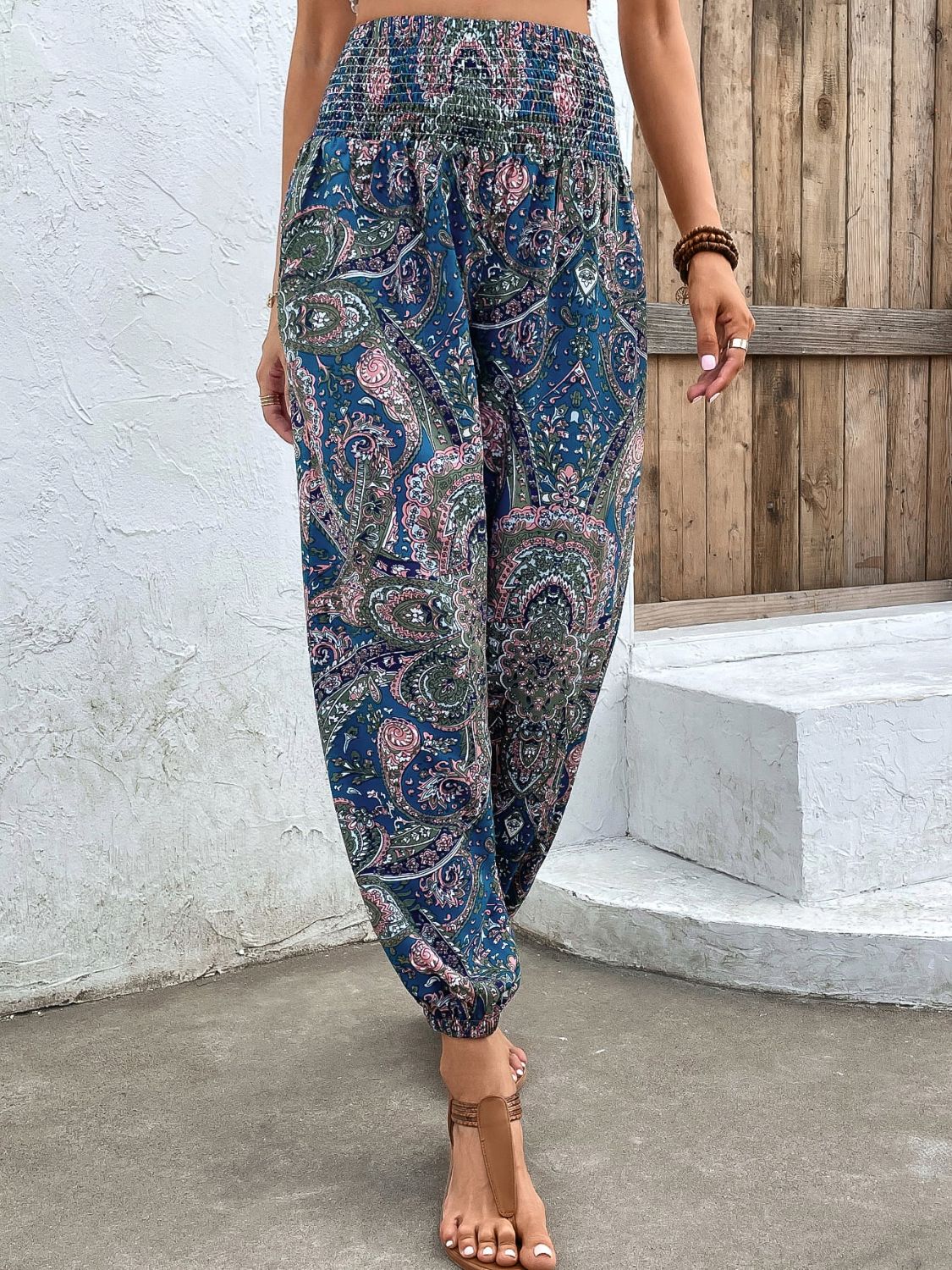 Printed Smocked Waist Pants - Lecatta