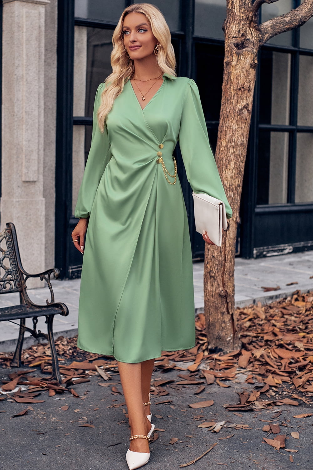 Surplice Neck Puff Sleeve Midi Dress - Lecatta