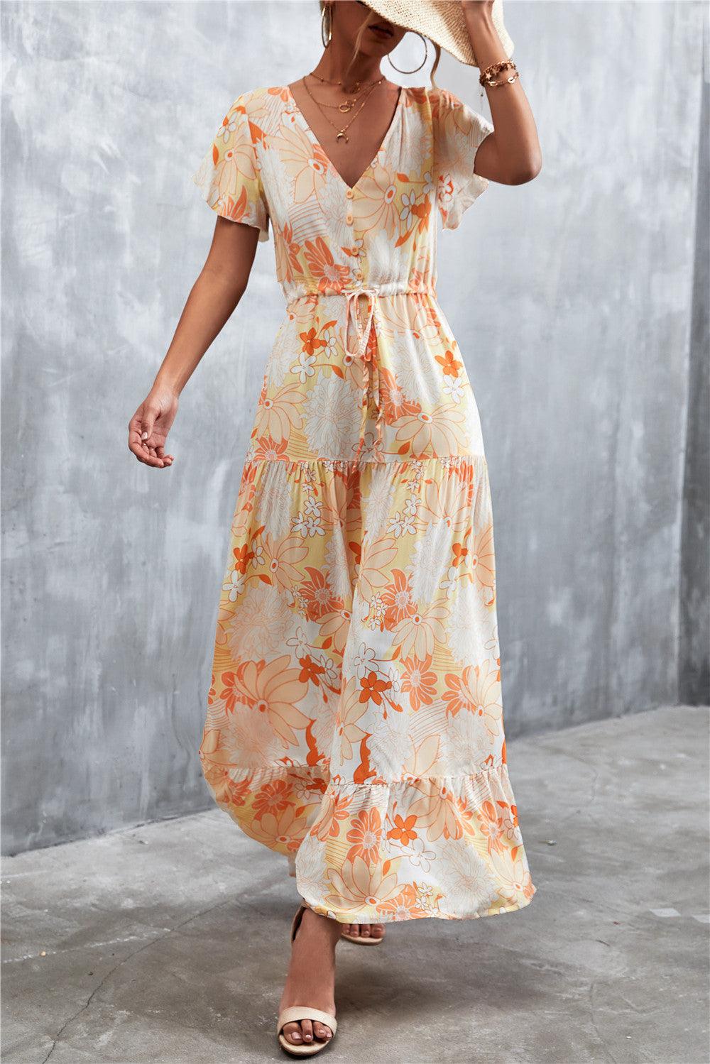 Floral Buttoned Drawstring Waist Tiered Dress - Lecatta