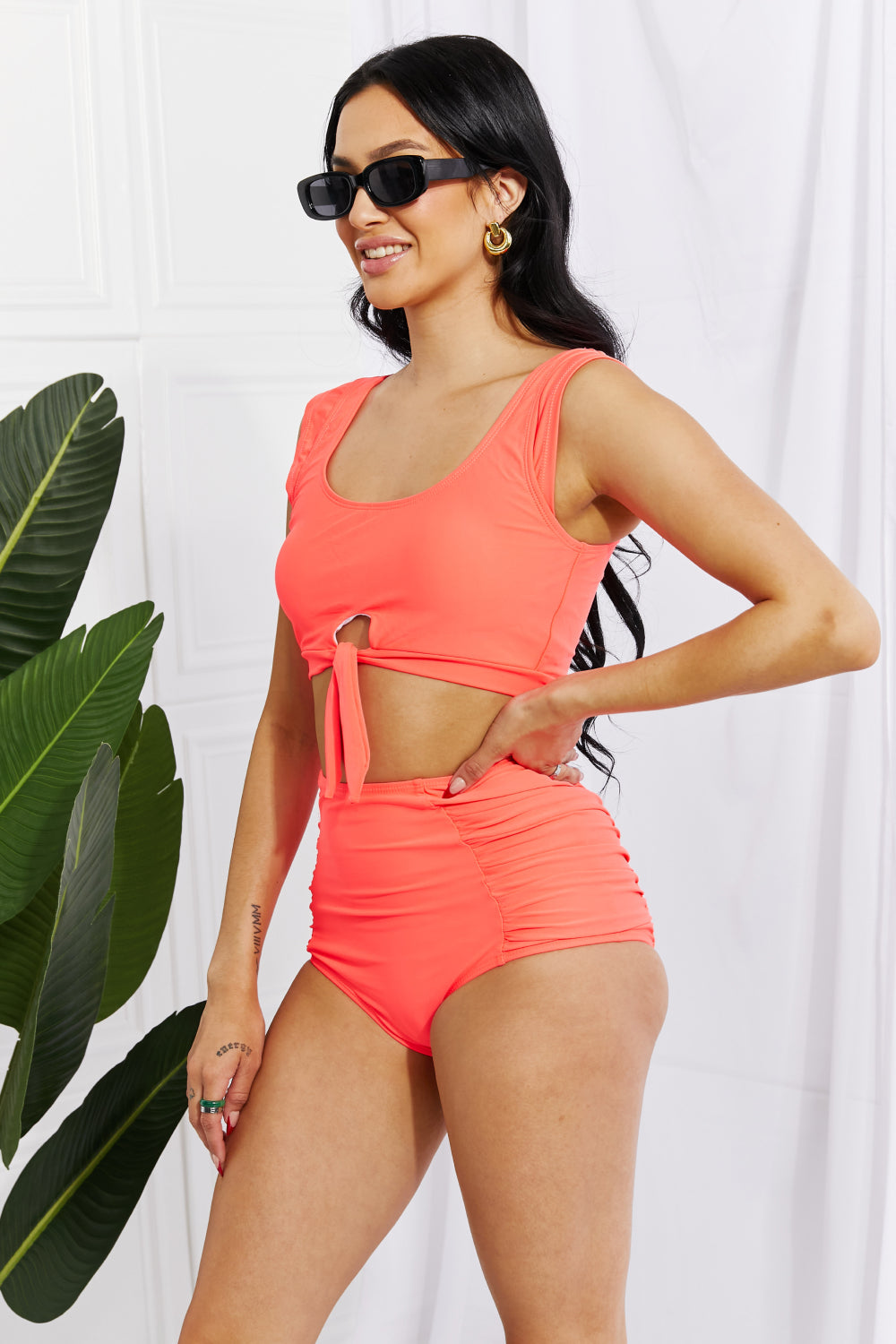 Crop Swim Top and Ruched Bottoms Set in Coral - Lecatta