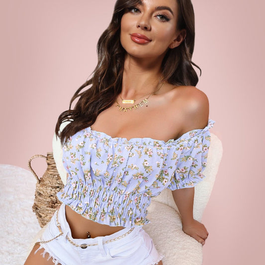 Cropped Off-Shoulder Frill Trim Smocked Blouse - Lecatta