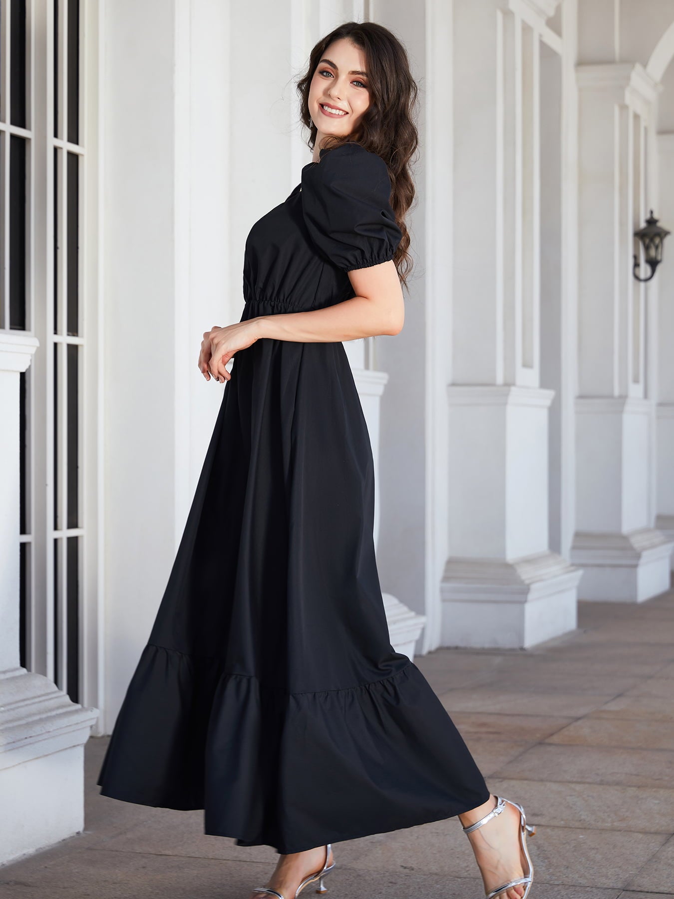 Surplice Neck Ruffle Hem Balloon Sleeve Maxi Dress - Lecatta