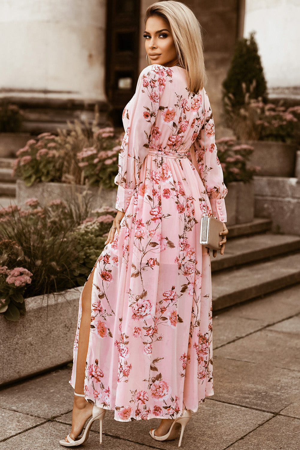 Floral Tie Belt Bishop Sleeve Slit Maxi Dress - Lecatta