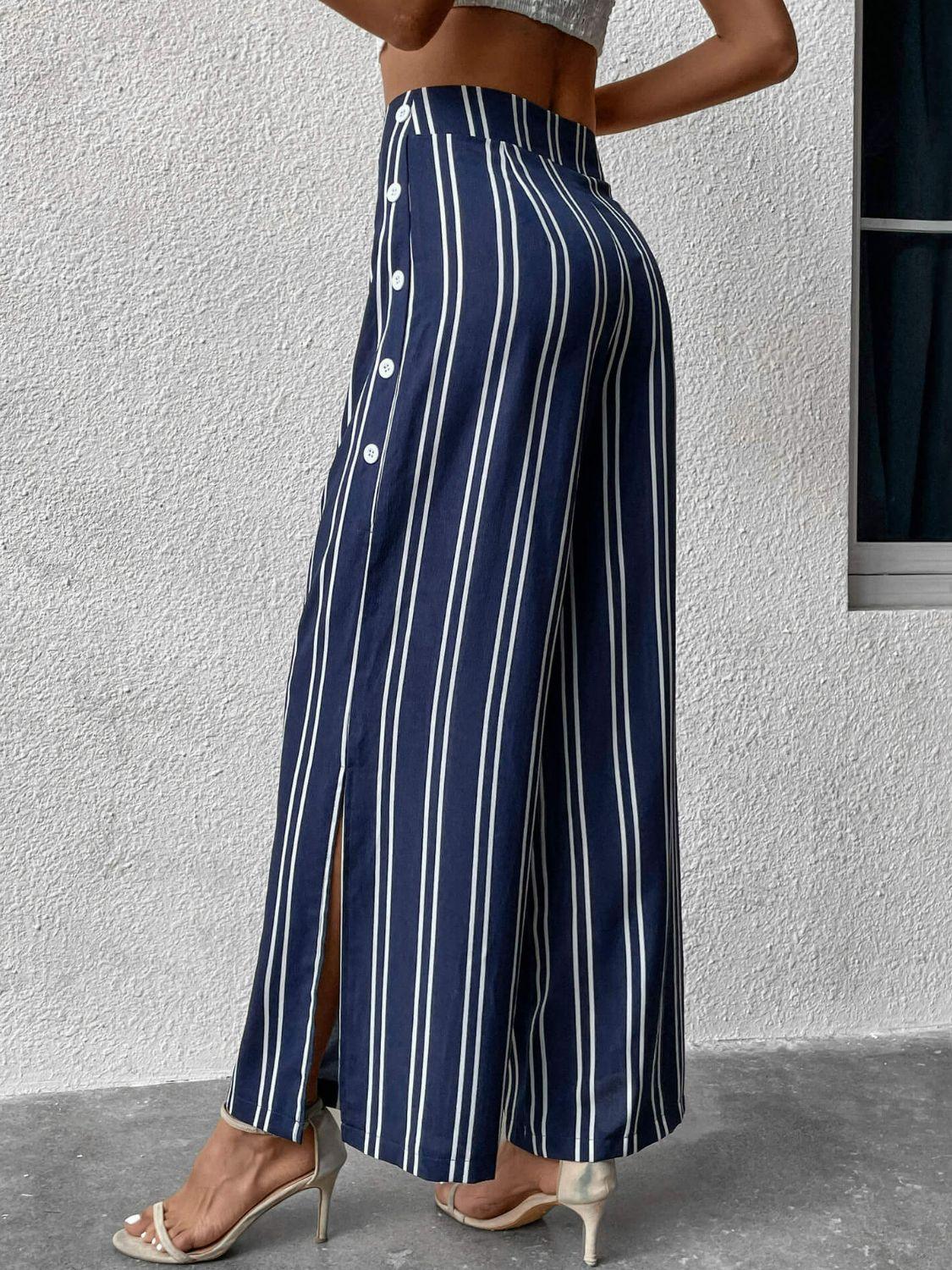 Striped Slit Wide Leg Pants - Lecatta