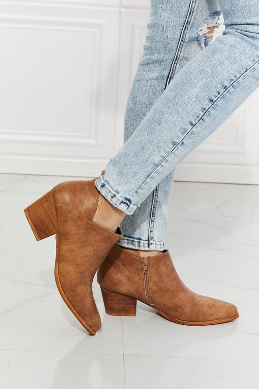 MMShoes Trust Yourself Embroidered Crossover Cowboy Bootie in Caramel - Lecatta