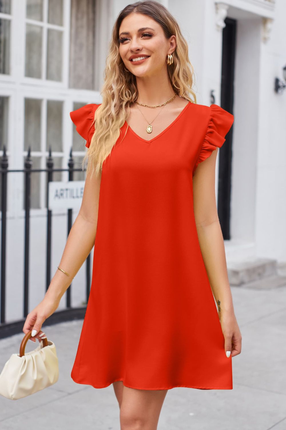 Ruffled V-Neck Flutter Sleeve Dress - Lecatta