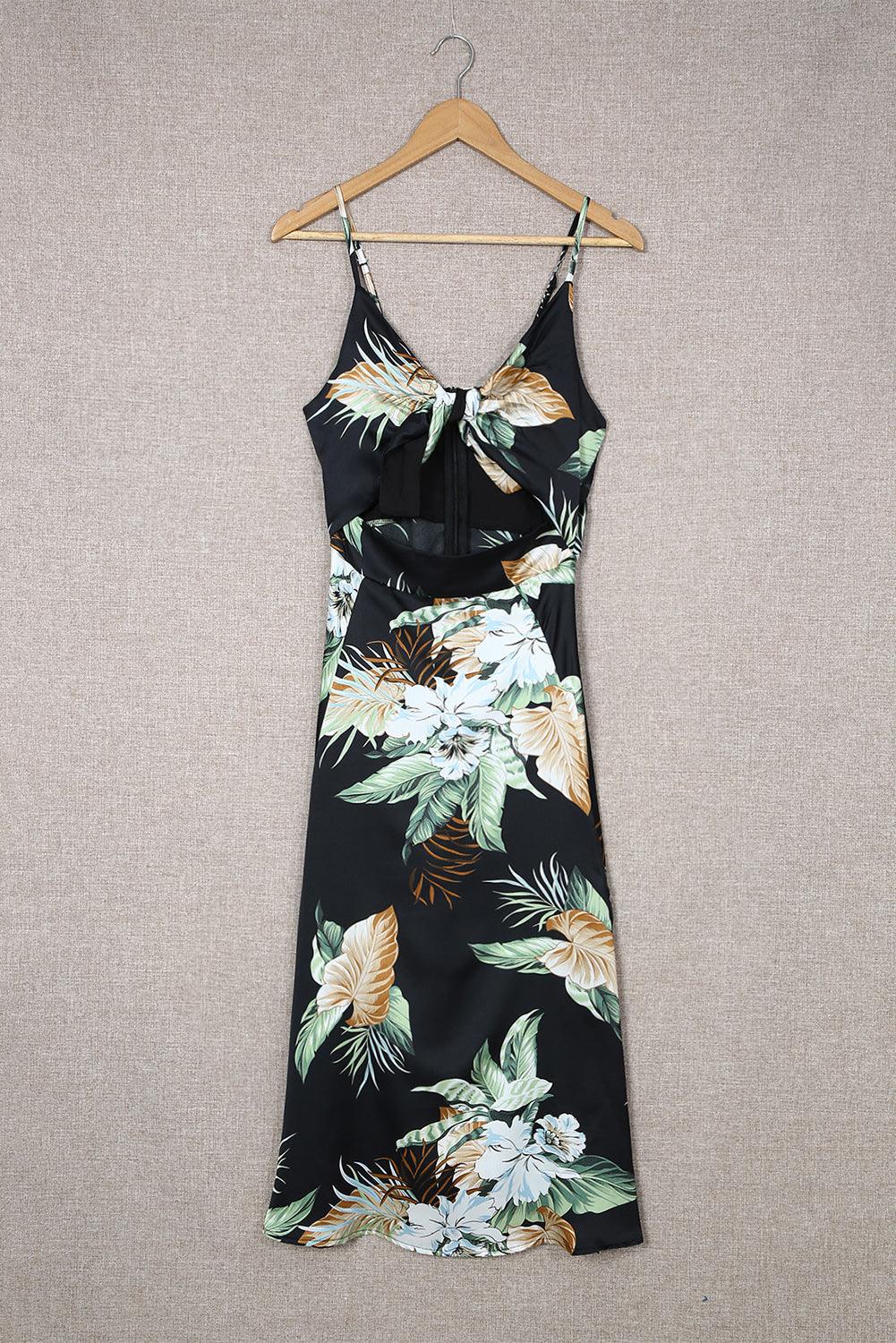 Floral Tied Cutout Split Spaghetti Strap Dress - Lecatta