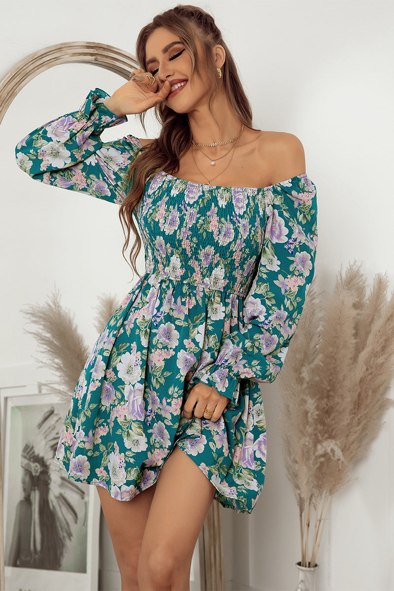 Floral Flounce Sleeve Smocked Square Neck Dress - Lecatta