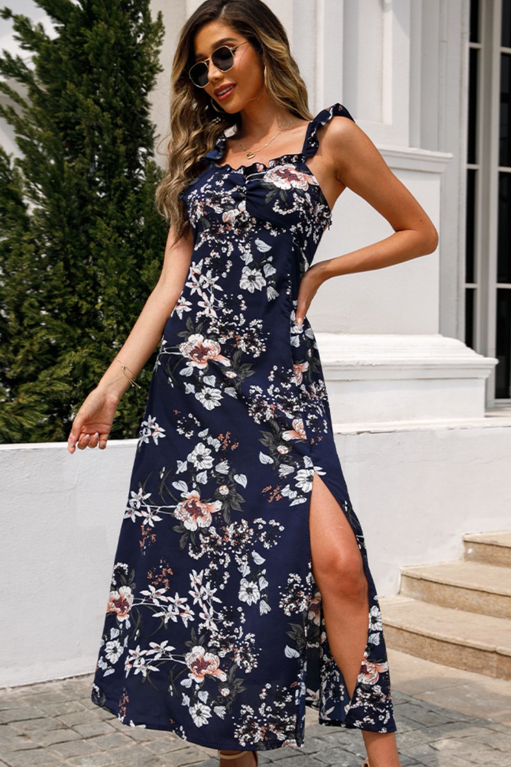 Floral Print Sleeveless Square Neck Slit Midi Dress - Lecatta