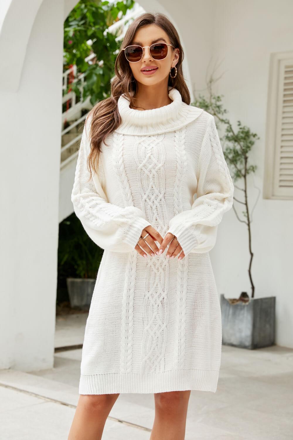 Mixed Knit Turtleneck Lantern Sleeve Sweater Dress - Lecatta