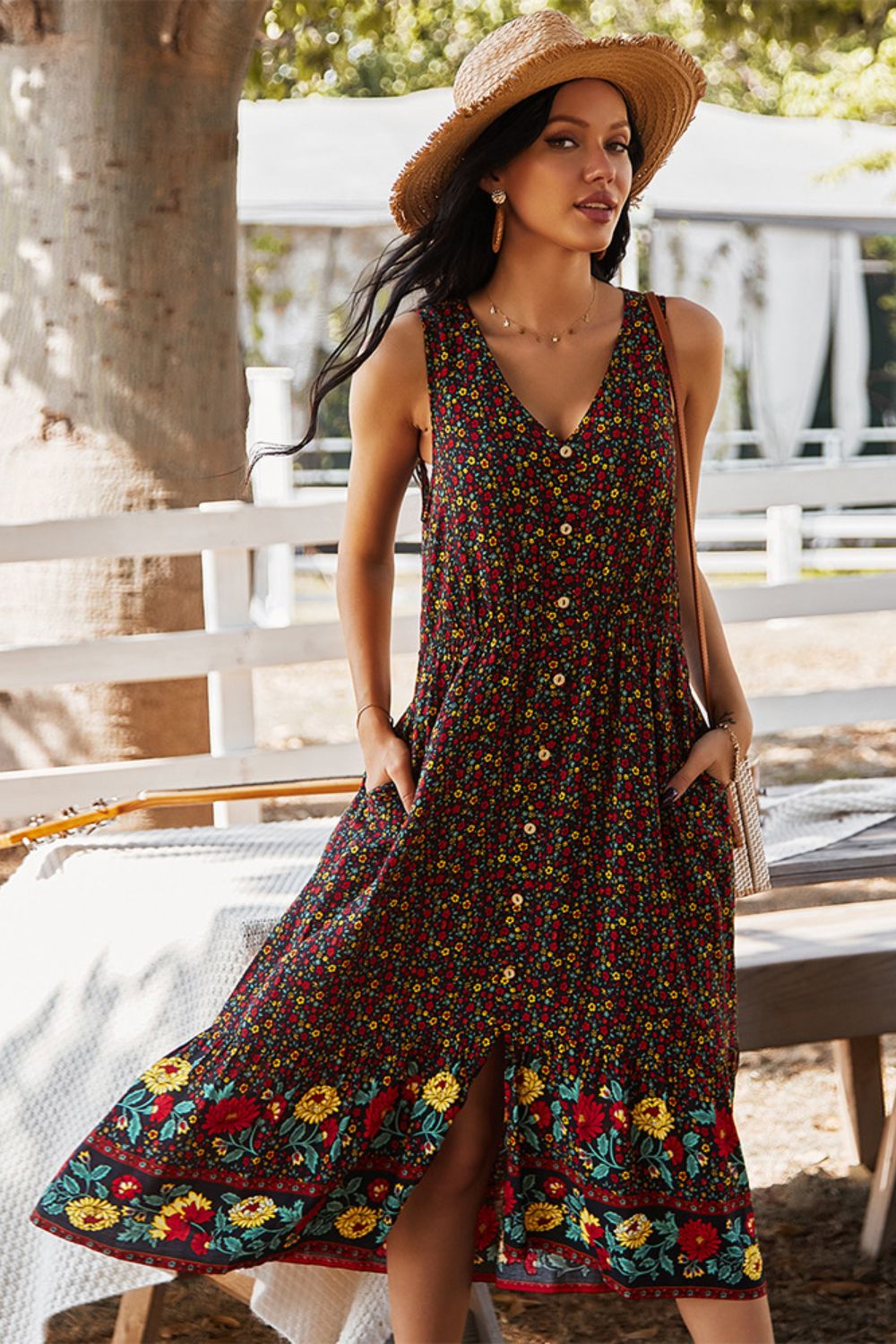 Floral Print Bohemian Style V-neck Sleeveless Midi Dress - Lecatta