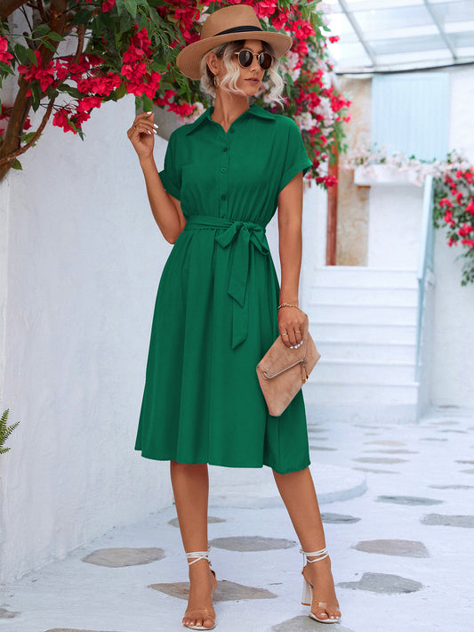 Cuffed Short Sleeve Belted Shirt Dress - Lecatta