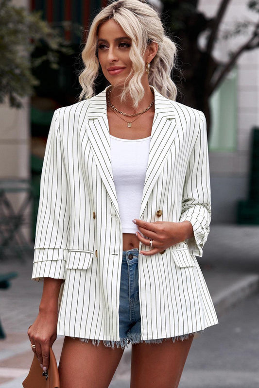 Striped Double-Breasted Long Sleeve Blazer - Lecatta