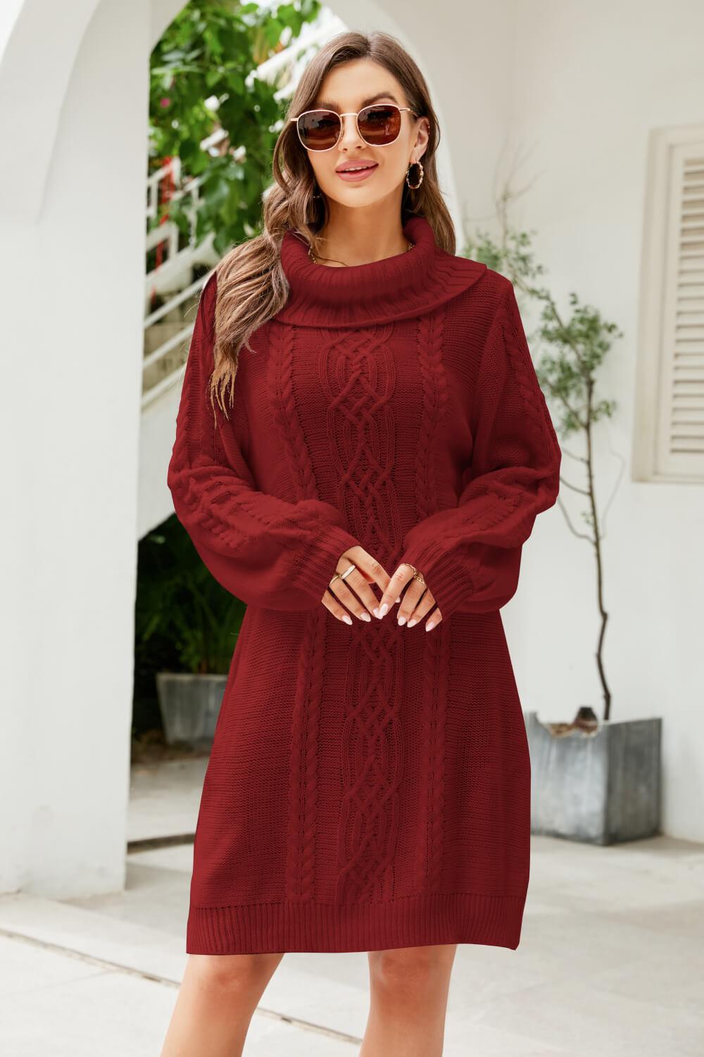 Mixed Knit Turtleneck Lantern Sleeve Sweater Dress - Lecatta