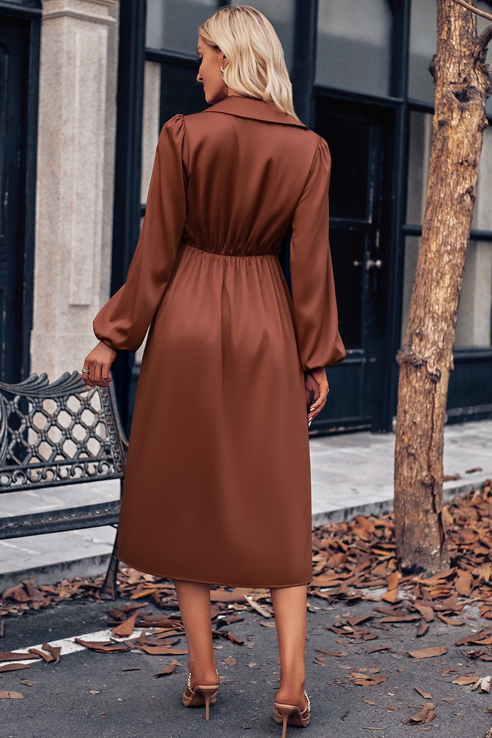 Surplice Neck Puff Sleeve Midi Dress - Lecatta