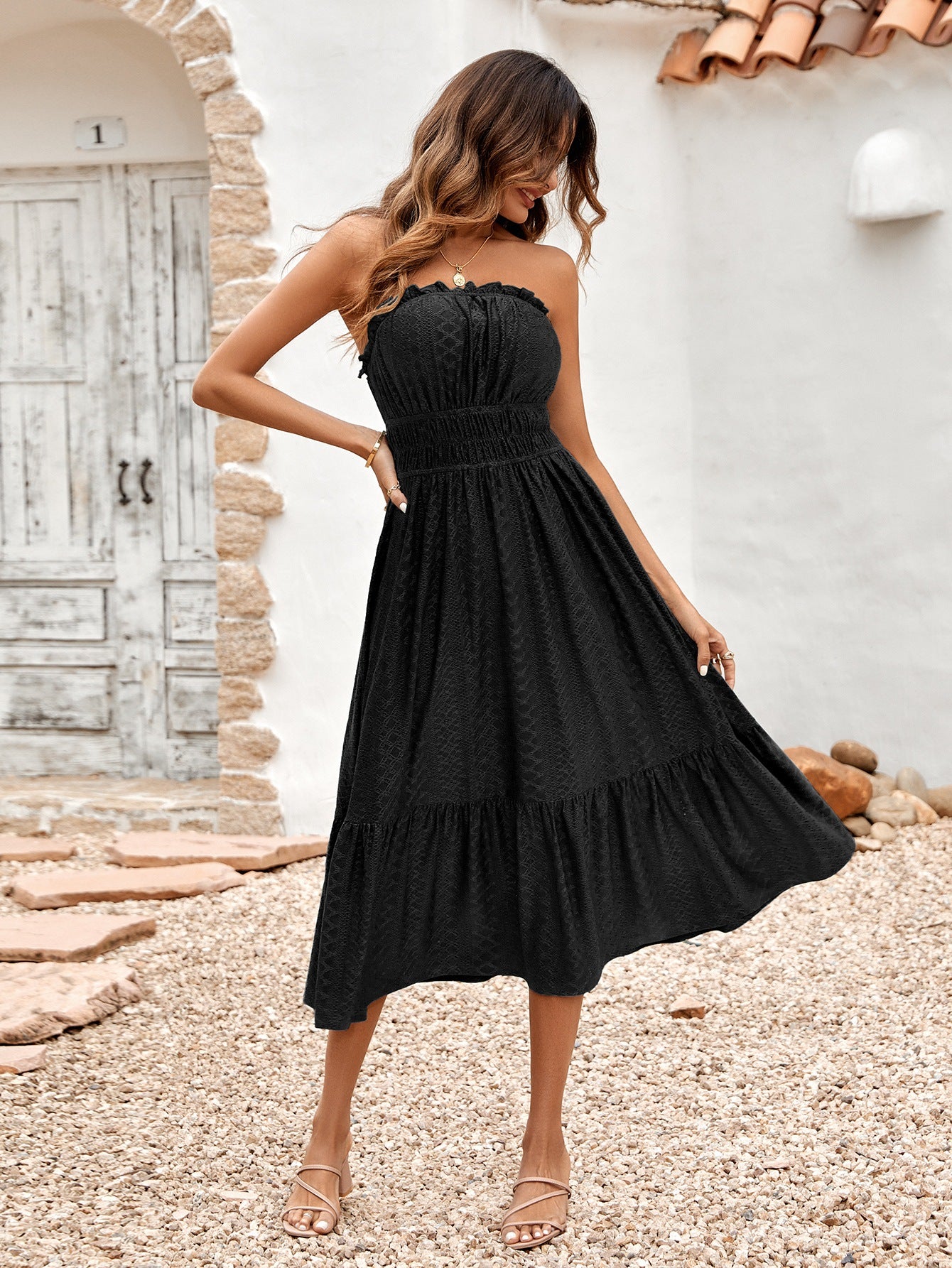 Frill Trim Strapless Midi Dress - Lecatta