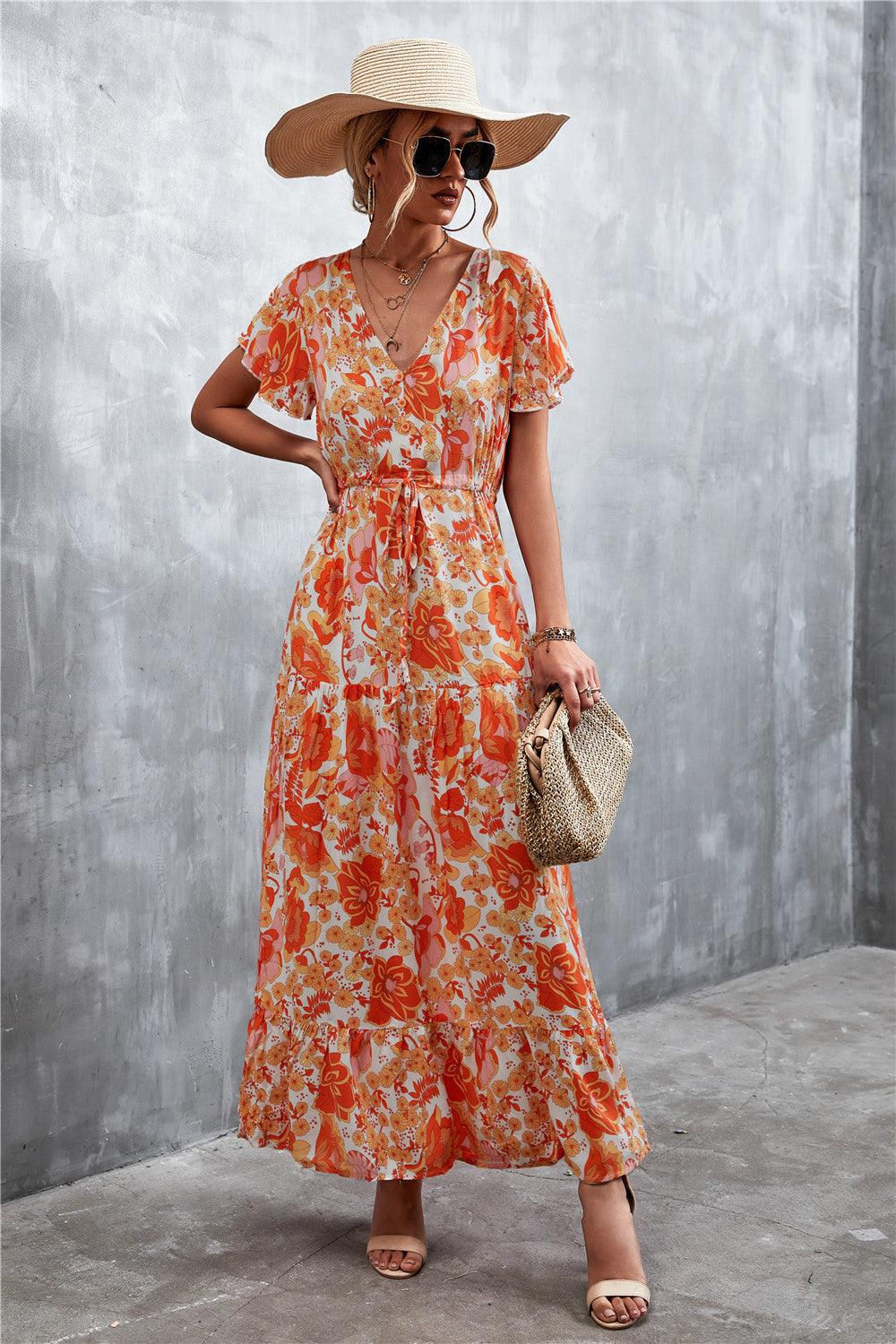 Floral Buttoned Drawstring Waist Tiered Dress - Lecatta