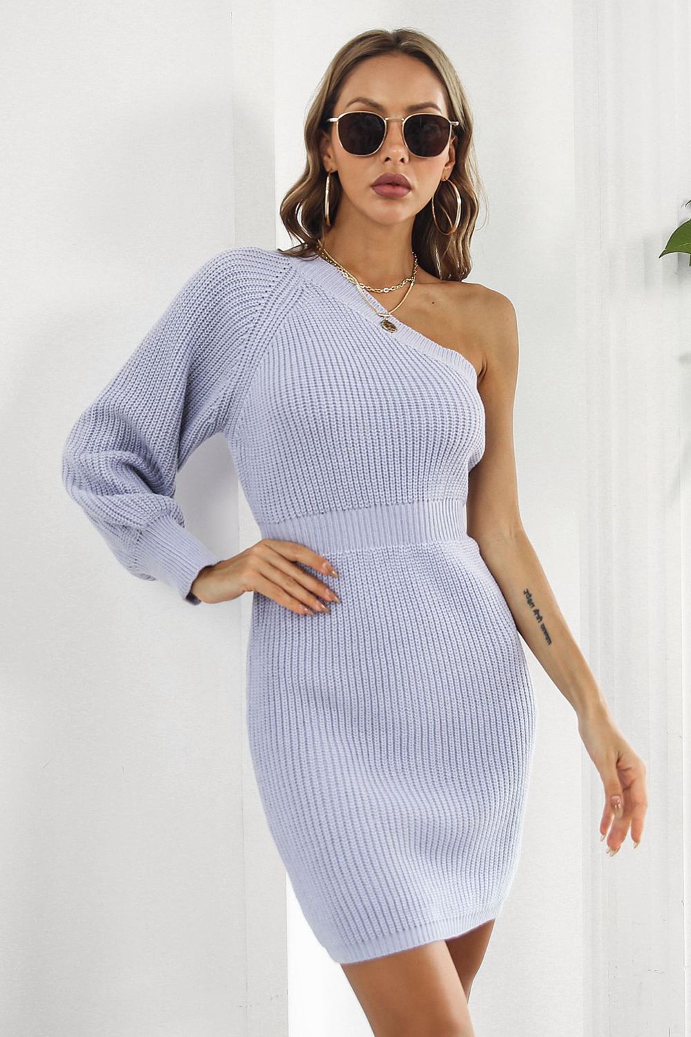 One Shoulder Raglan Sleeve Pencil Sweater Dress - Lecatta