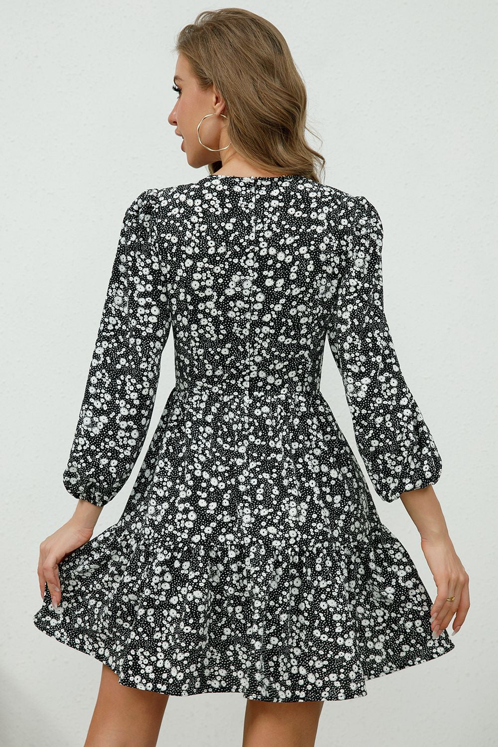 Printed Plunge Neck Flounce Sleeve Mini Dress - Lecatta