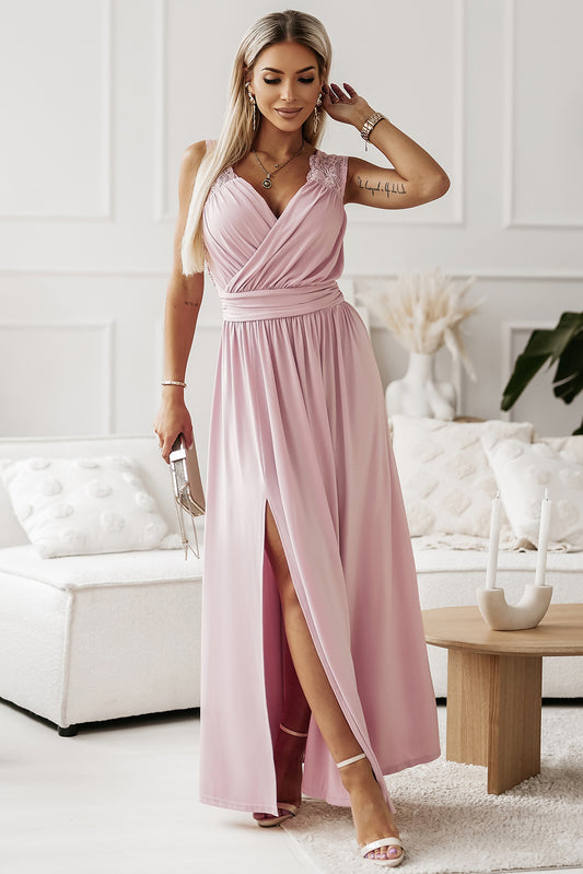 Surplice Neck Spliced Lace Split Maxi Dress - Lecatta