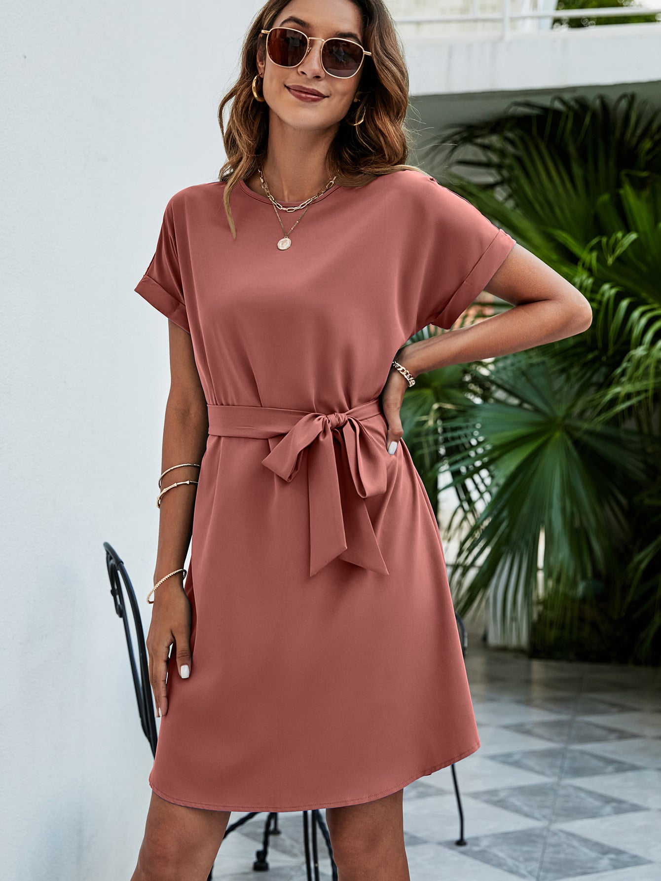 Belted Round Neck Curved Hem Dress - Lecatta