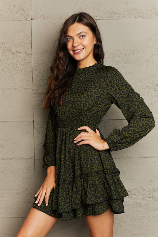Leopard Smock Waist Long Sleeve Dress - Lecatta