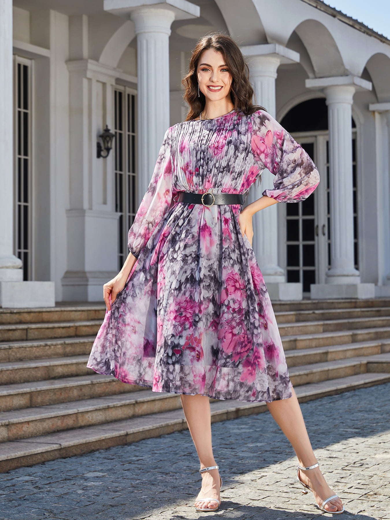 Floral Print Round Neck Balloon Sleeve Midi Dress - Lecatta