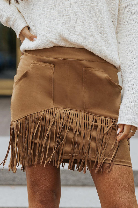 Fringe Detail Zip-Back Skirt with Pockets - Lecatta