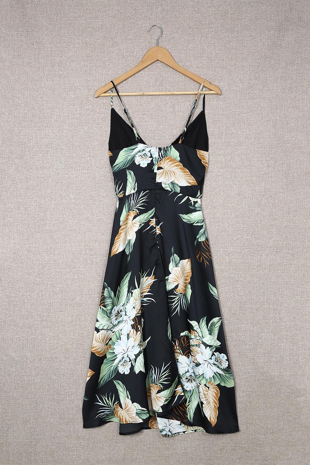 Floral Tied Cutout Split Spaghetti Strap Dress - Lecatta