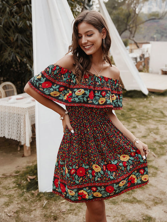 Bohemian Print Off-Shoulder Strapless Knee Length Dress - Lecatta