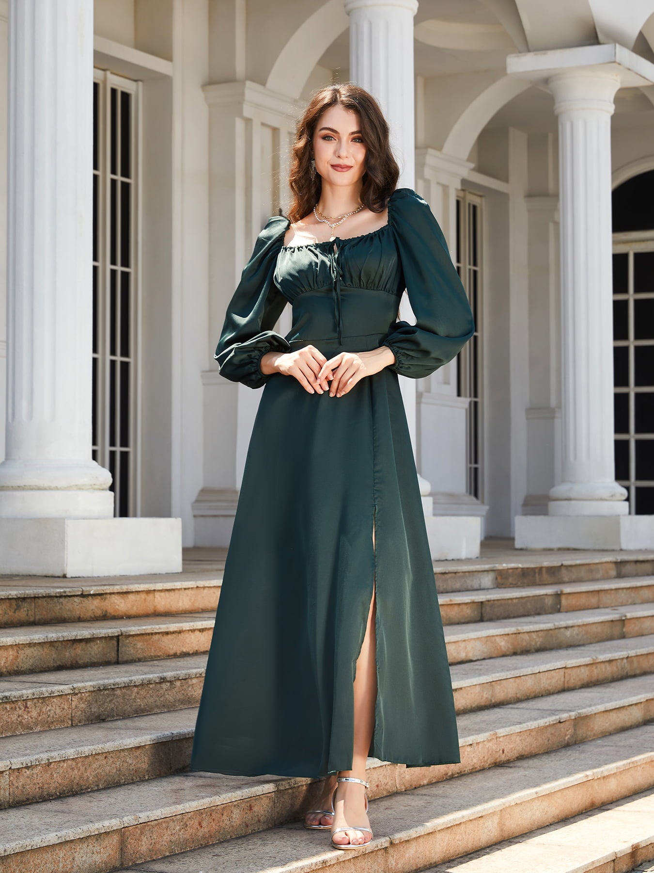 Square Neck Puff Sleeve High Slit Maxi Dress - Lecatta