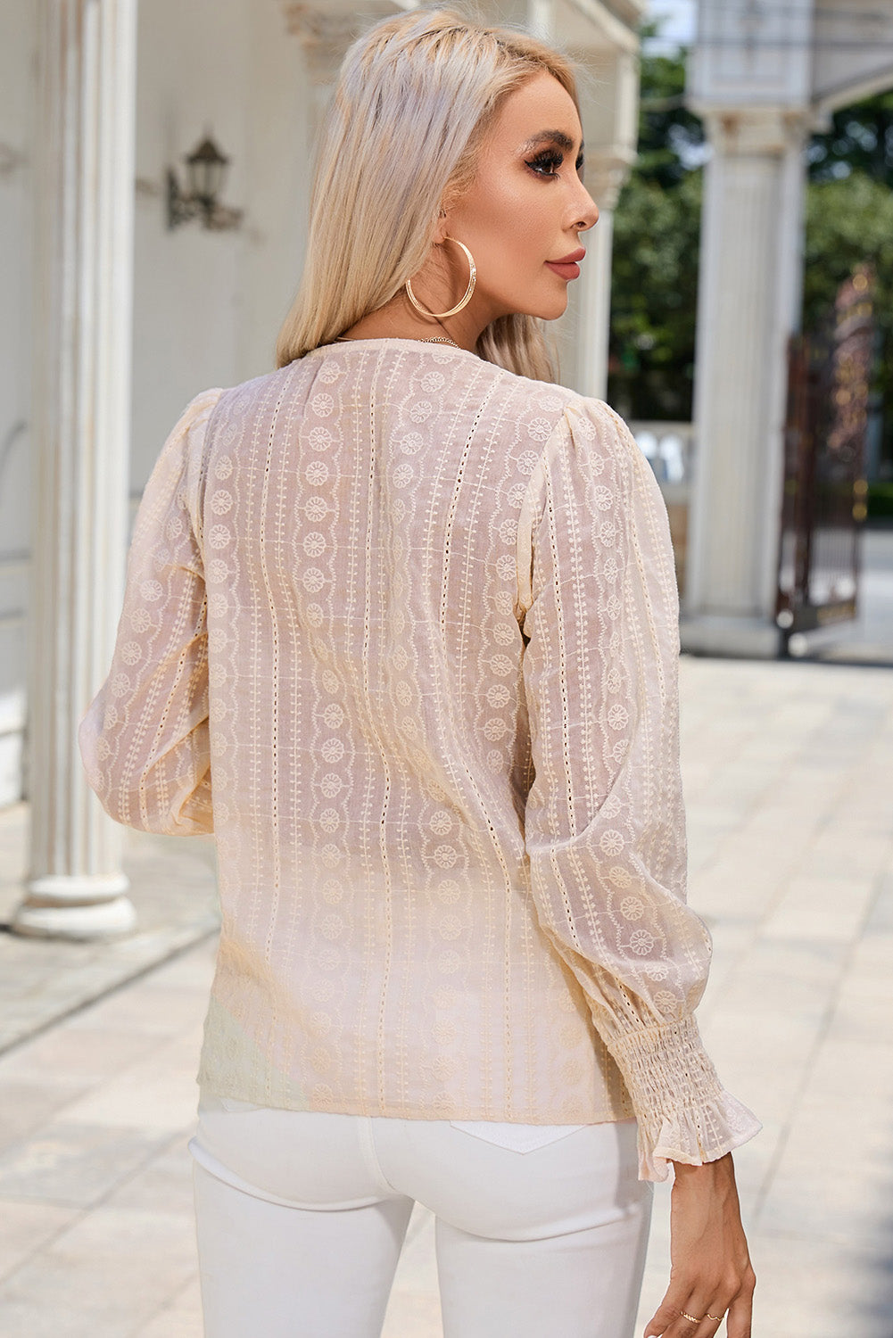 V-Neck Smocked Flounce Sleeve Blouse - Lecatta