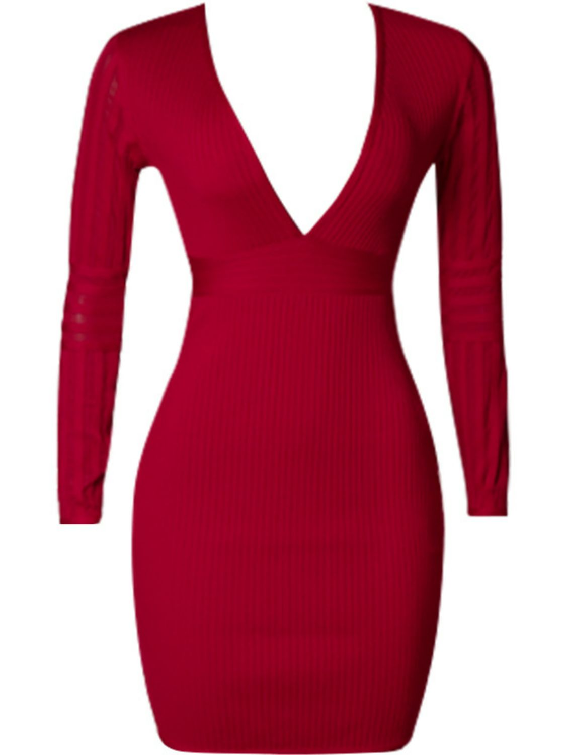 Ribbed Deep V Long Sleeve Mini Bandage Dress - Lecatta