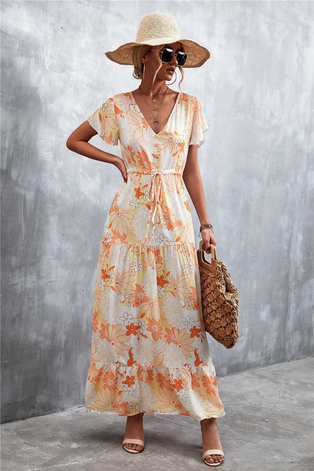 Floral Buttoned Drawstring Waist Tiered Dress - Lecatta