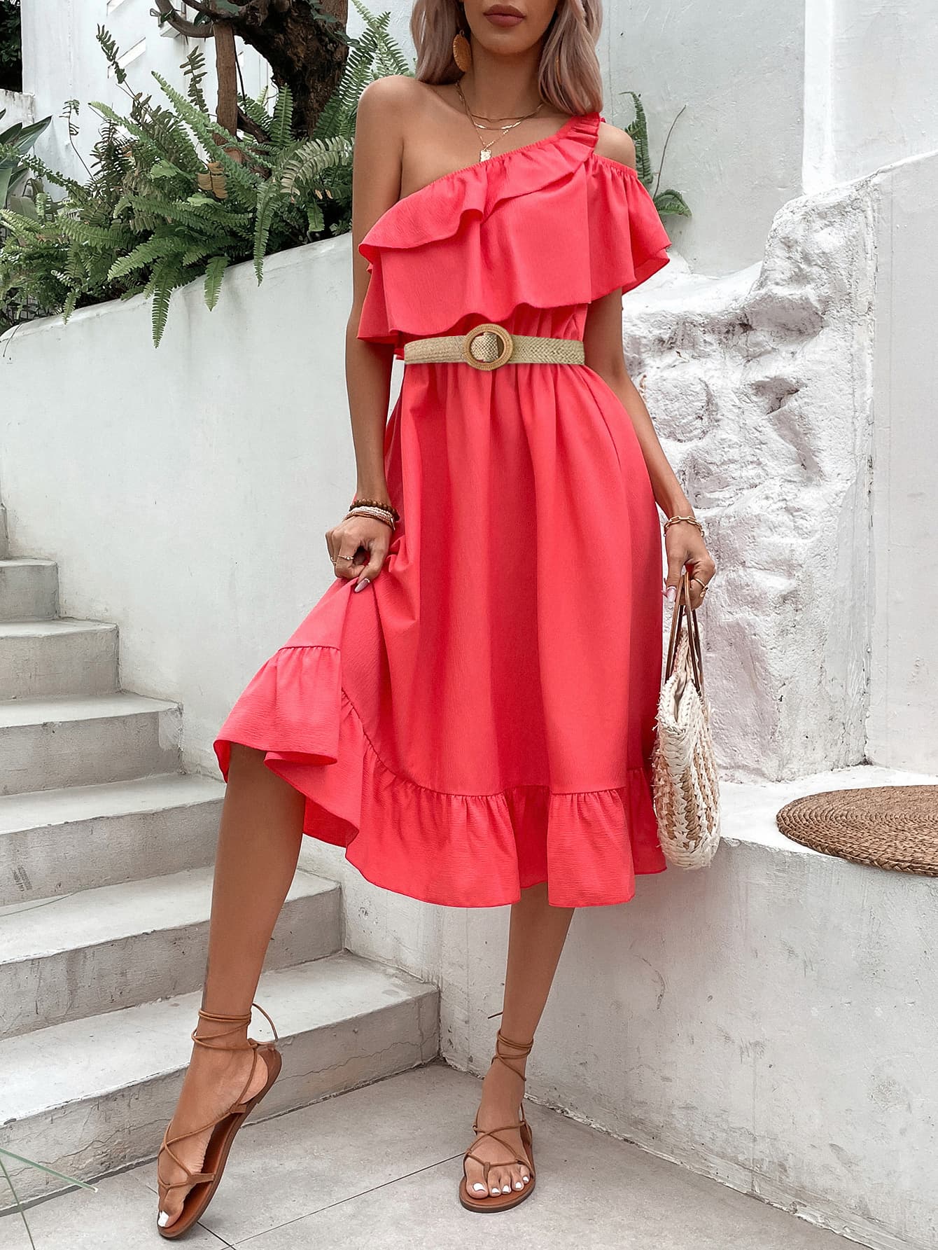 One-Shoulder Ruffle Hem Dress - Lecatta